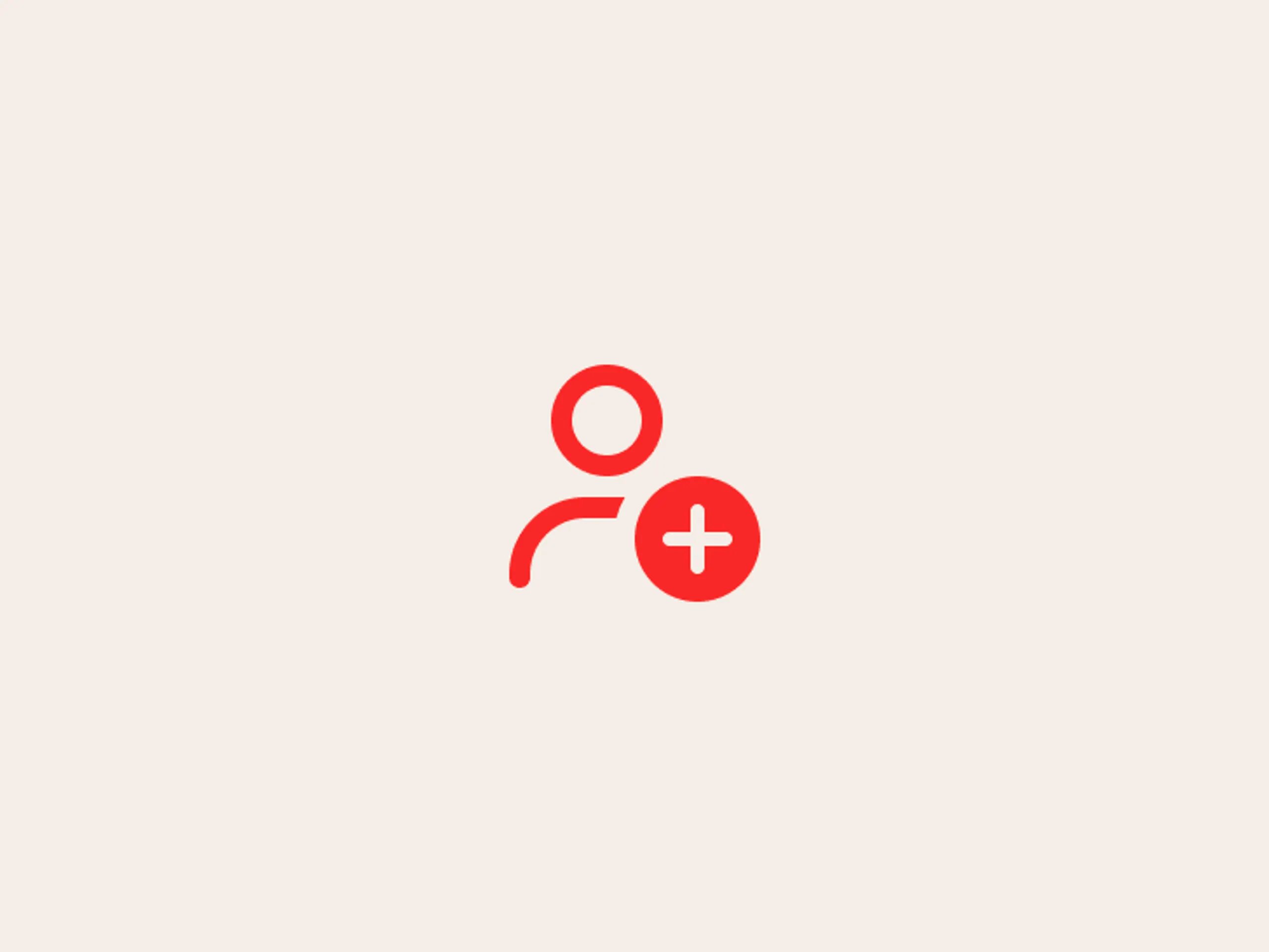 Red icon of a person with a plus sign inside a circle on a beige background, representing add user or new user..