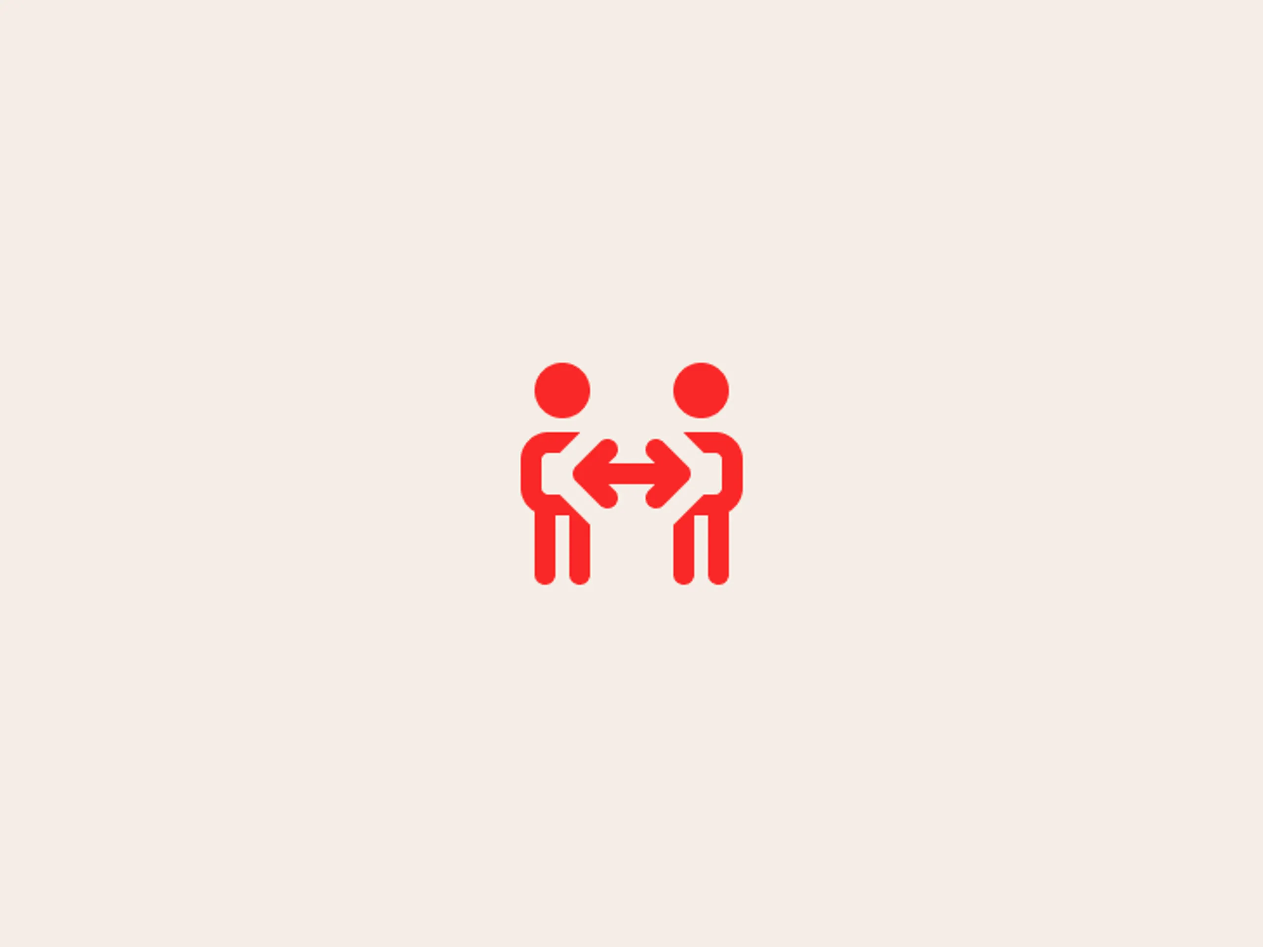 Two red stick figures facing each other exchange arrows, symbolizing interaction, communication, or exchange, on a light beige background.