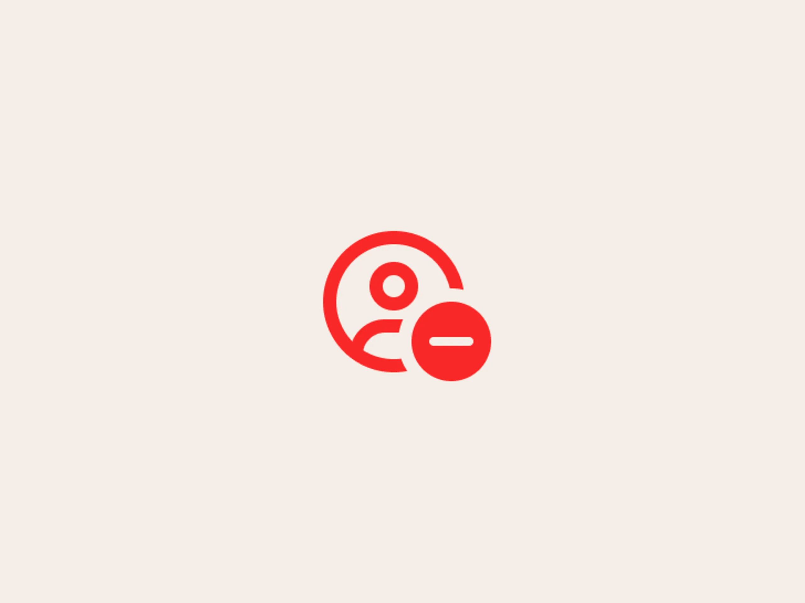 Red outlined user icon with a red minus sign in a circle overlapping the lower right, on a light beige background, symbolizing user removal, blocking, or account deactivation.