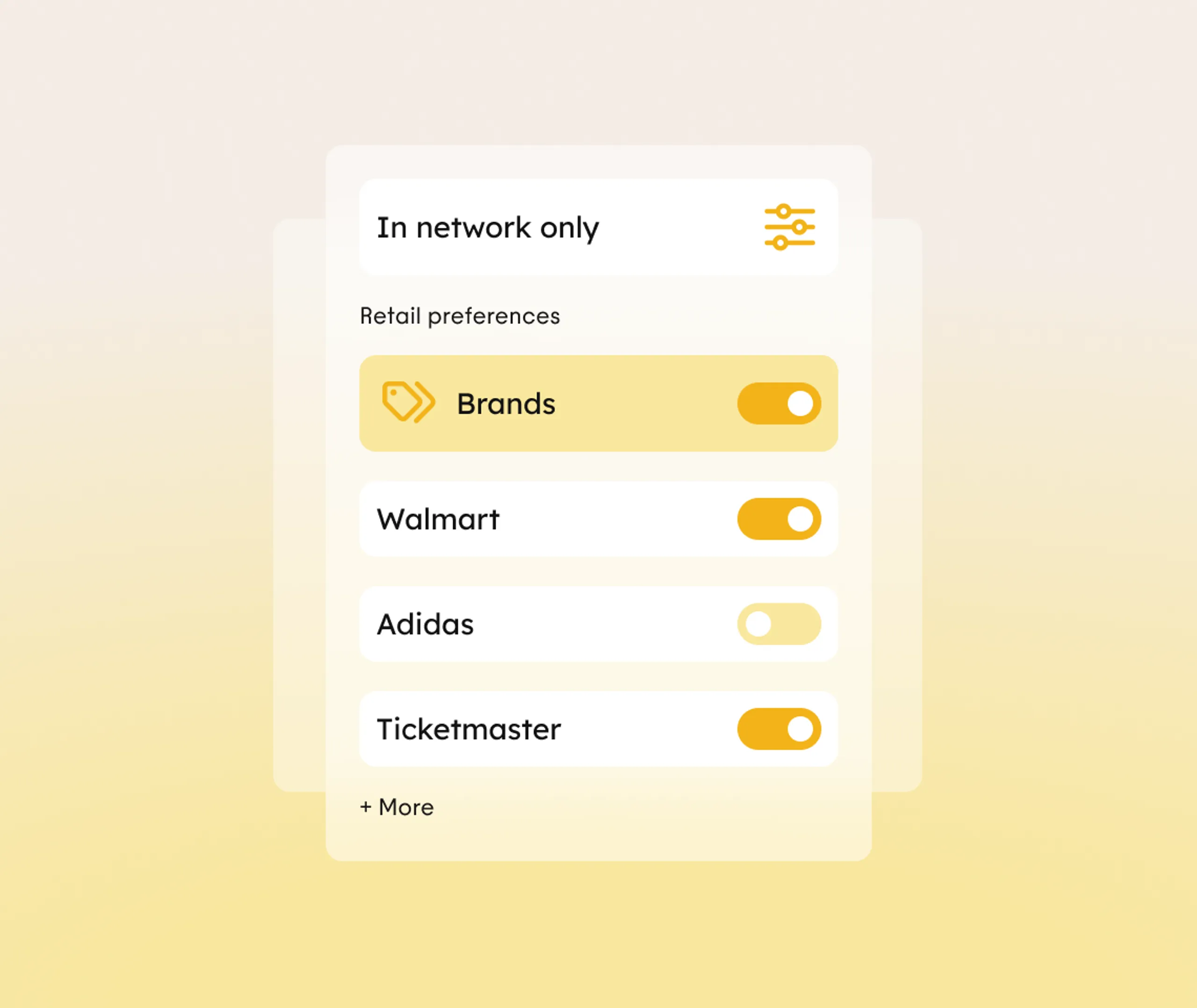 A digital UI shows Retail preferences toggles for Brands (on), Walmart (off), Adidas (off), and Ticketmaster (on), with an In network only filter and a + More link beneath the options.