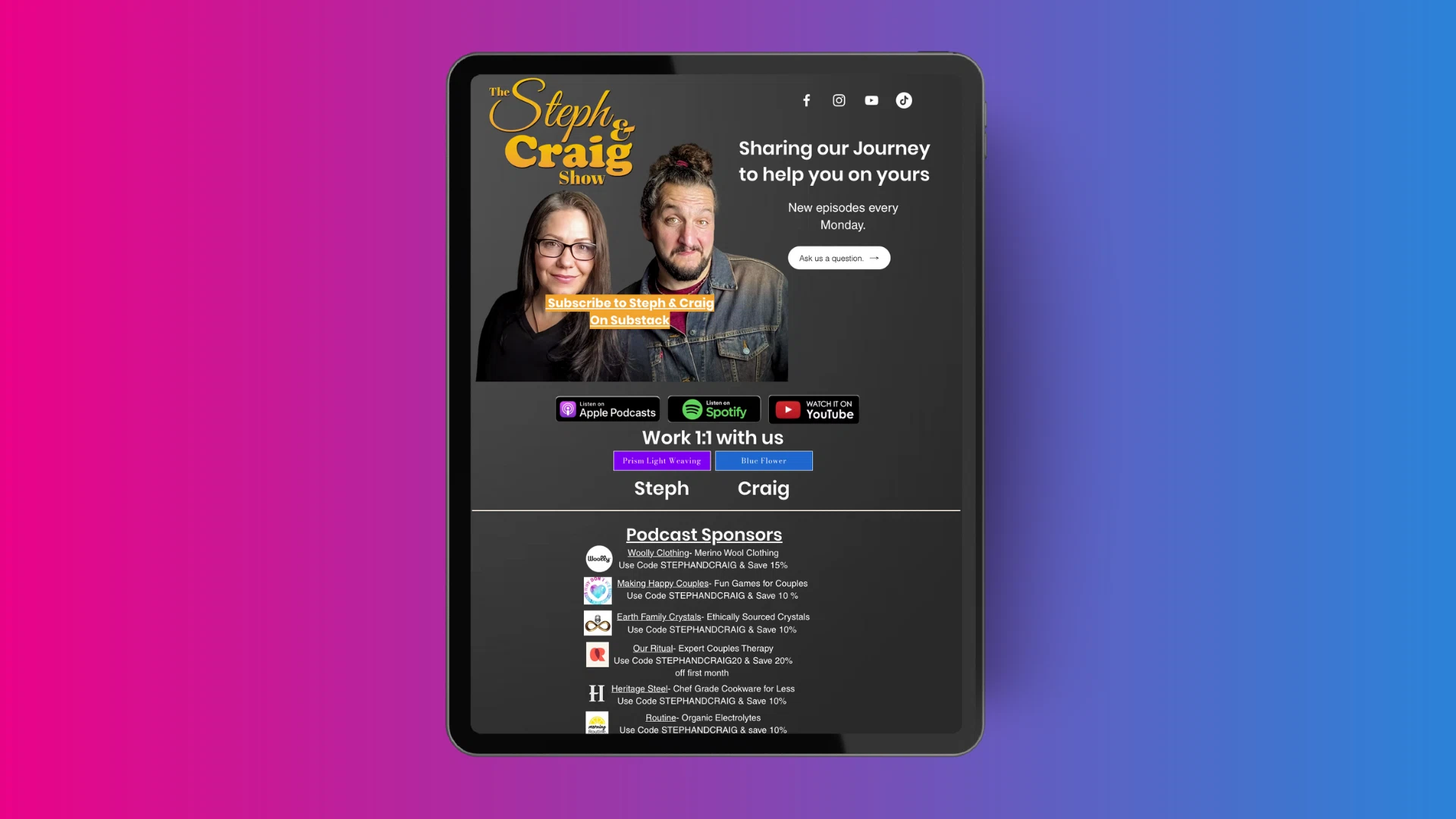 A digital tablet displaying "The Steph & Craig Show" webpage, featuring podcast links and sponsors on a gradient background.