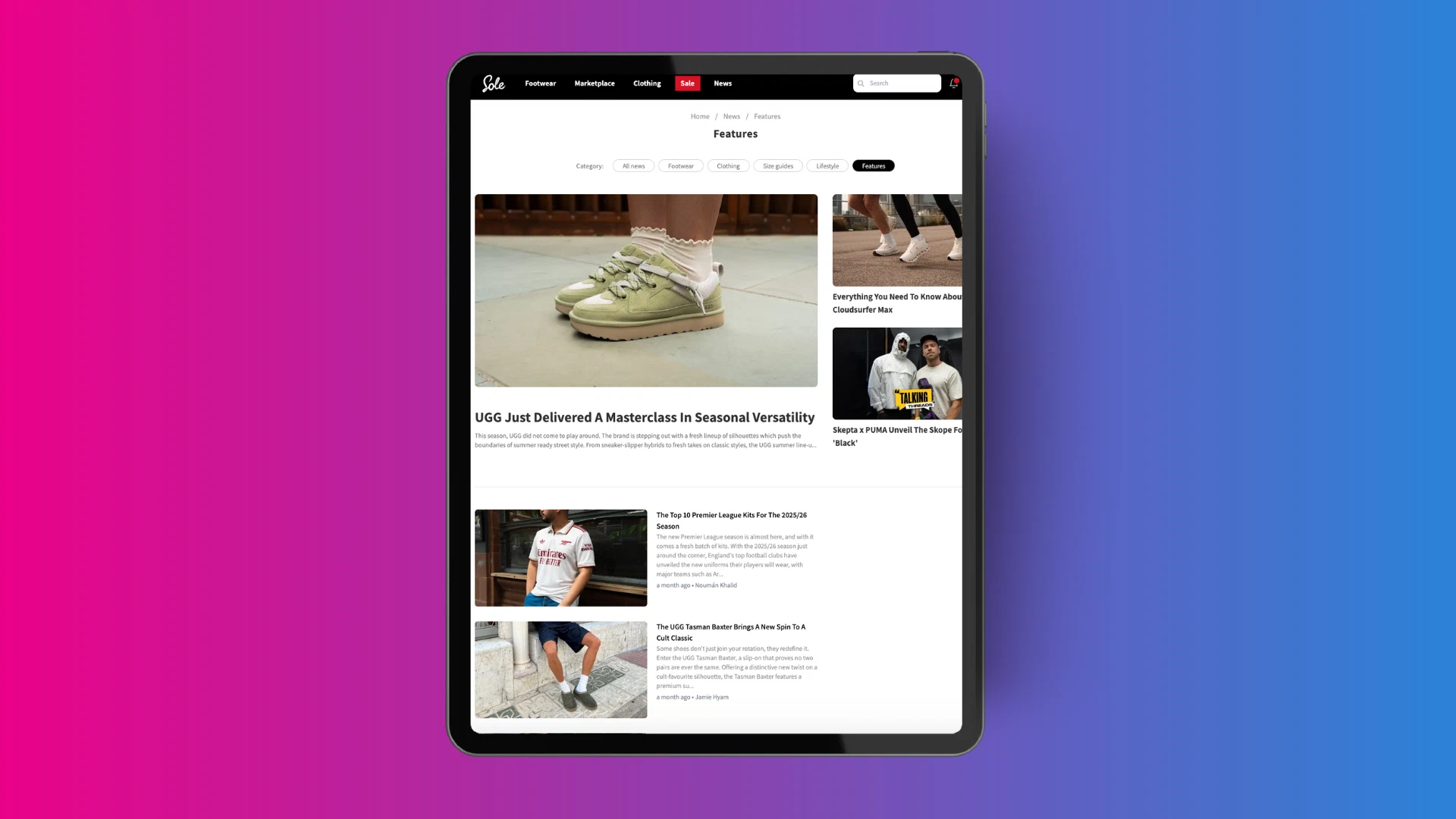 A tablet displays a fashion article featuring UGG shoes, showcasing styles and trends with a vibrant pink to blue gradient background.
