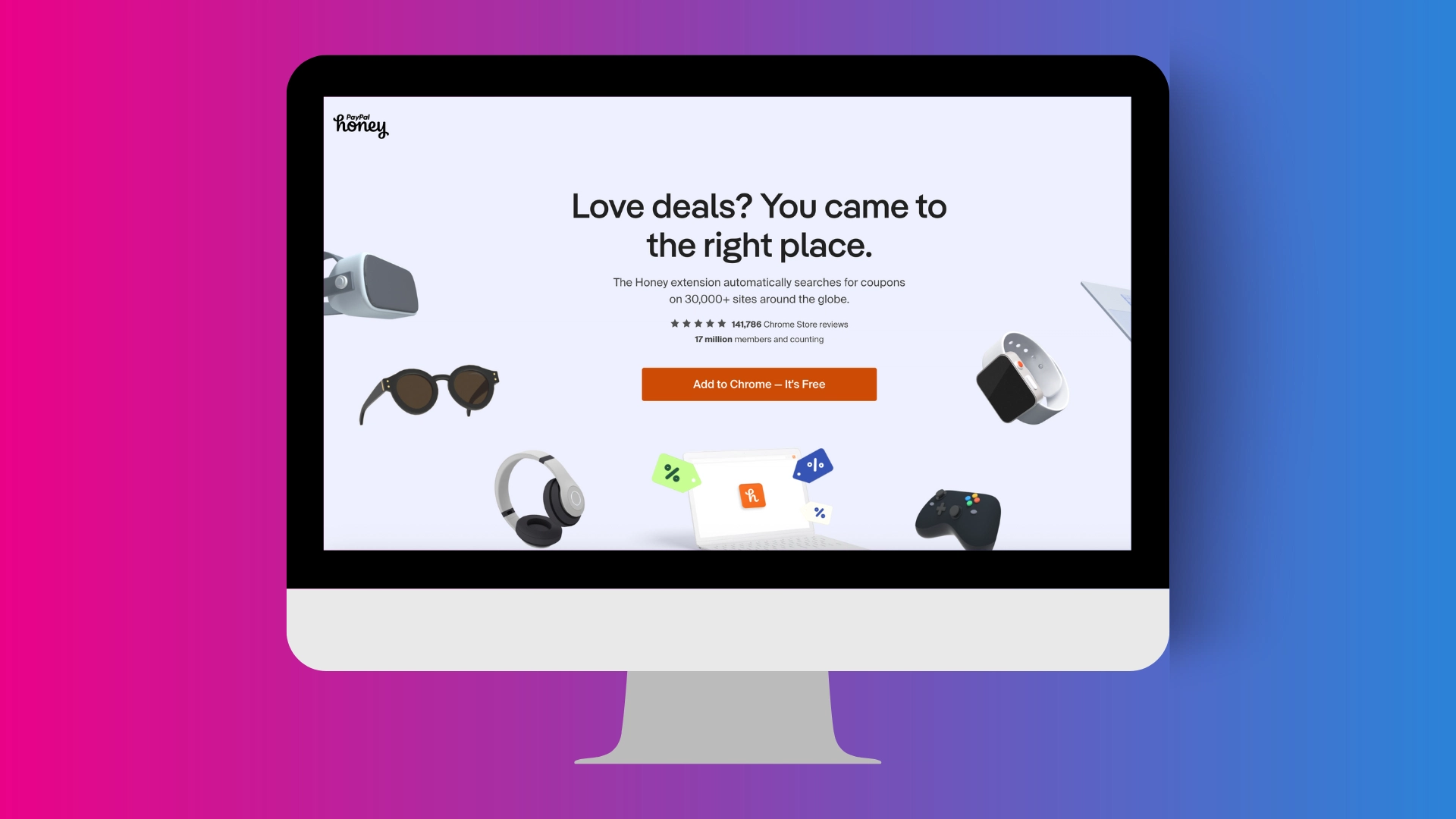 A computer screen displays a promotional site for Honey, showcasing deals, coupons, and various tech products against a gradient background.