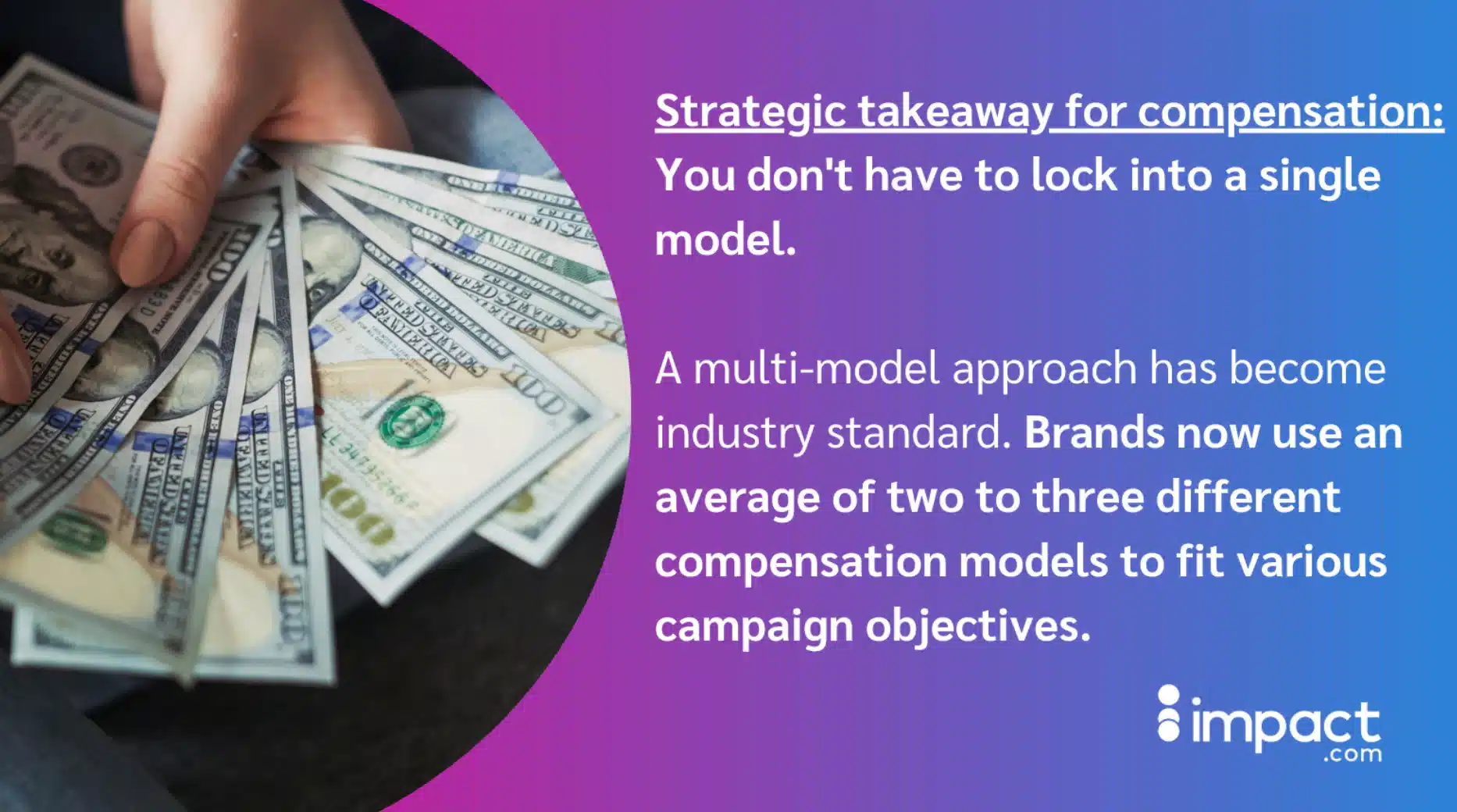 A hand holds multiple $100 bills, with text discussing the benefits of using multiple compensation models in brand campaigns.