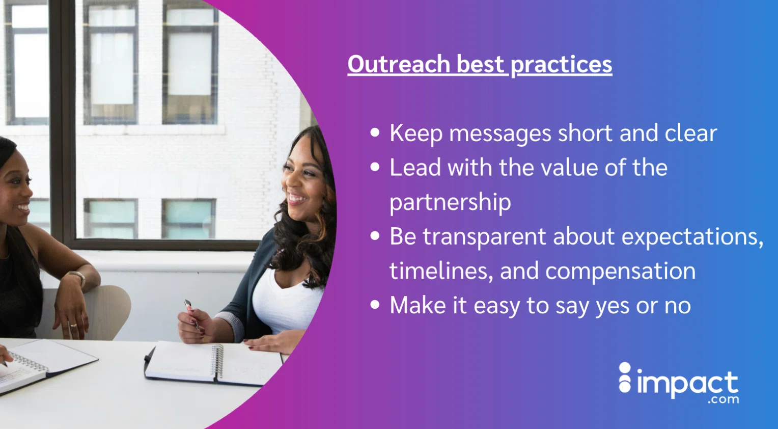 A workspace scene featuring two individuals engaging in a discussion, with a list of outreach best practices displayed on the side.