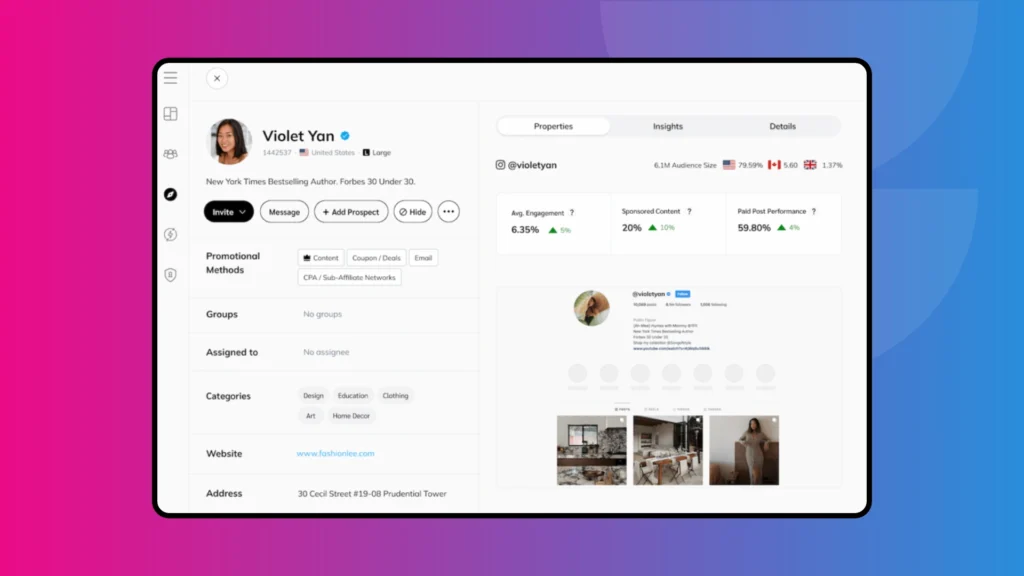Profile of Violet Yan, a bestselling author, showcasing social media insights, promotional methods, and contact options.