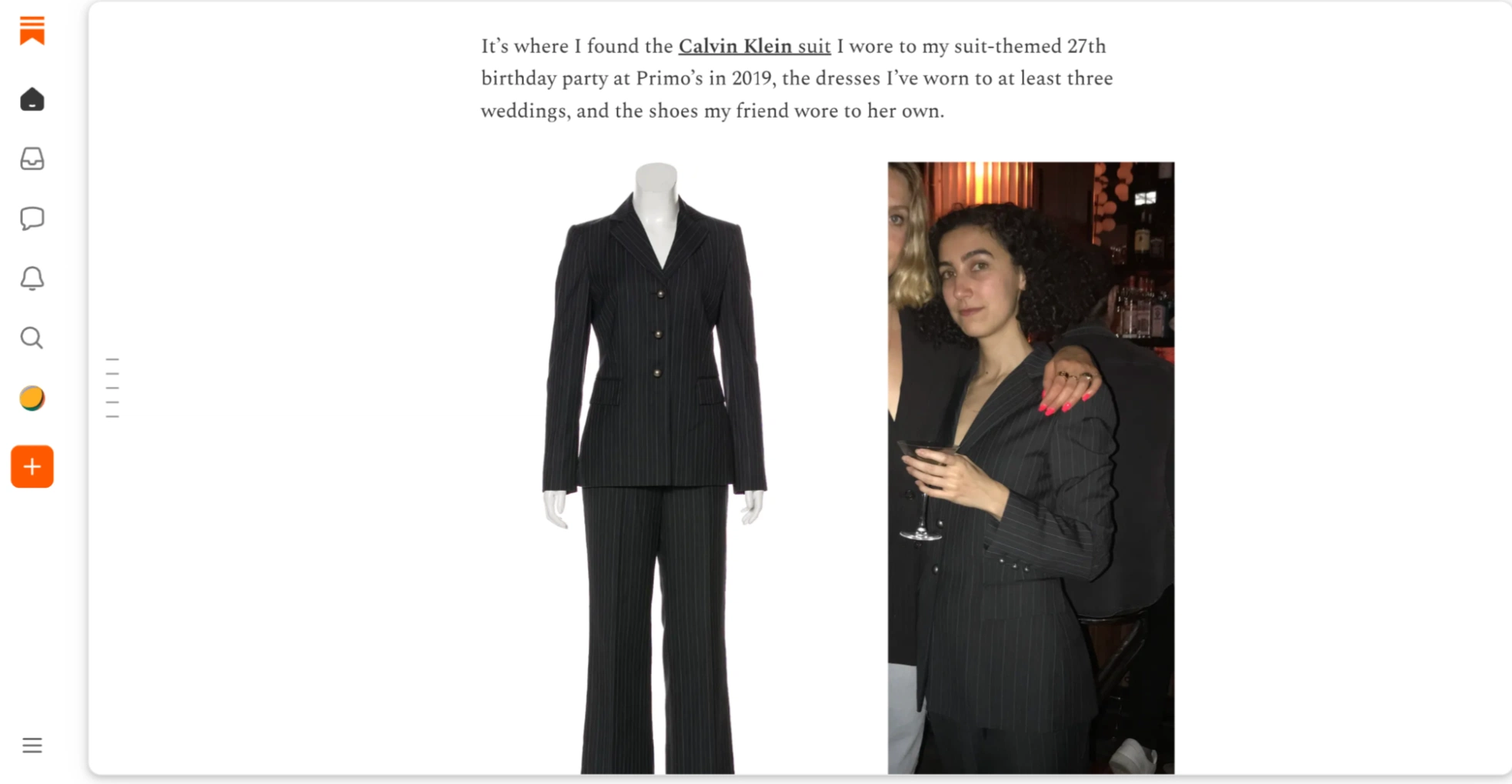 A black pinstripe Calvin Klein suit displayed on a mannequin is shown next to a woman wearing the same suit at an event, holding a drink and standing with another person.
