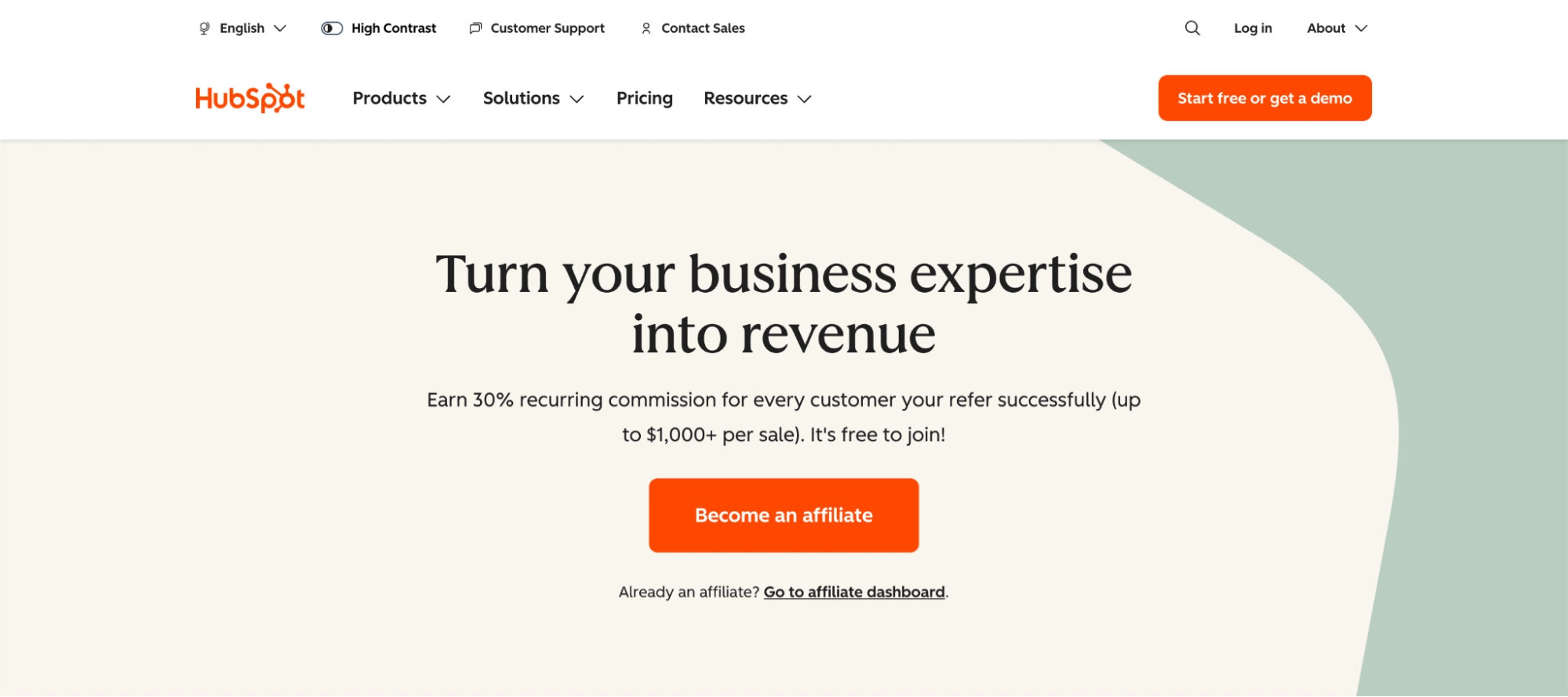 HubSpot affiliate program page offering 30% commission per sale, free to join, with a call-to-action to become an affiliate or access dashboard.