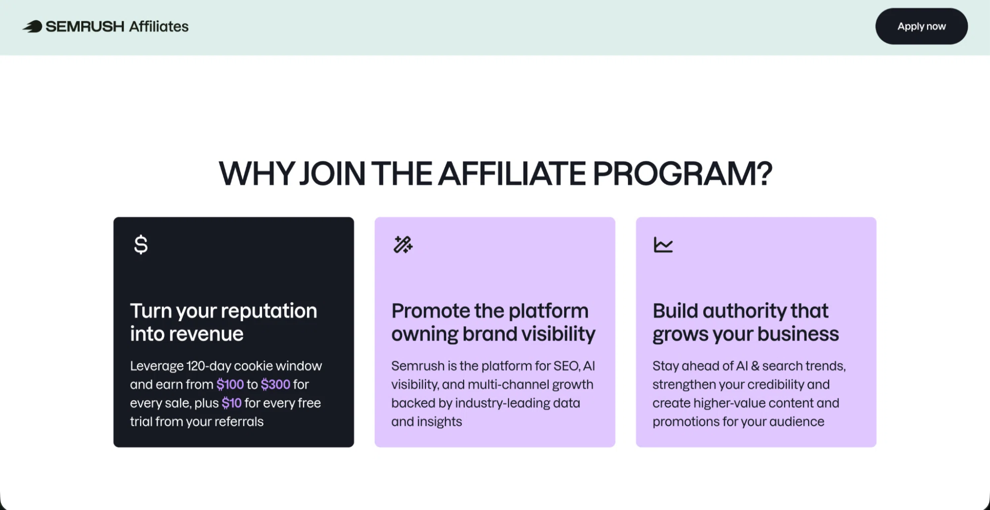 SEMRush Affiliates program highlights: earn $100-$300 per sale, promote SEO & AI tools, and build business authority with advanced content and trends.
