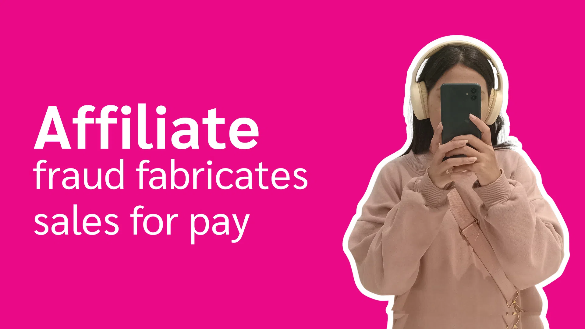 A person wearing headphones holds a smartphone in front of them, with bold text alongside reading about affiliate fraud.