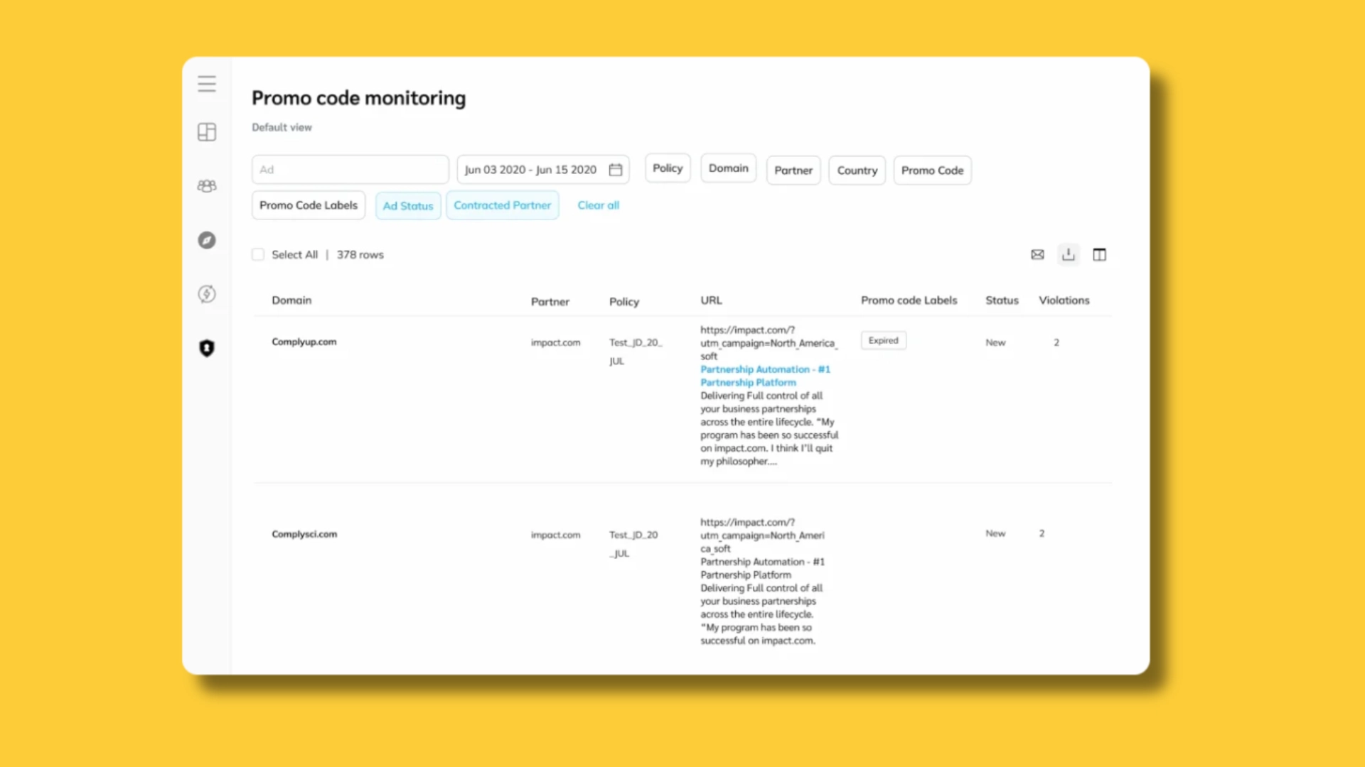 Screenshot of a promo code monitoring dashboard showing domains, partners, policies, URLs, statuses, and violation counts.