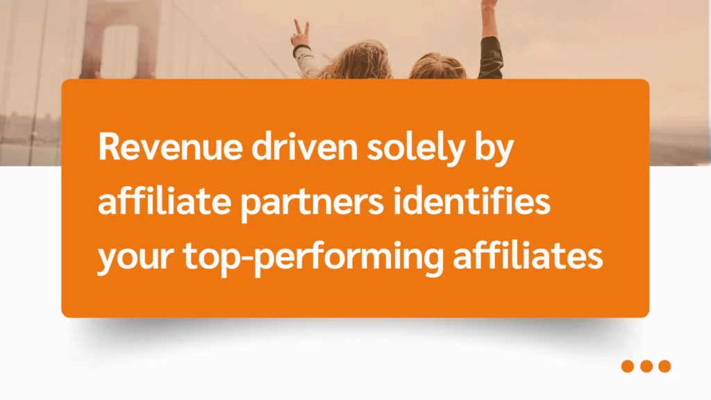 Text overlay: "Revenue driven solely by affiliate partners identifies your top-performing affiliates." Background of three people with raised hands.