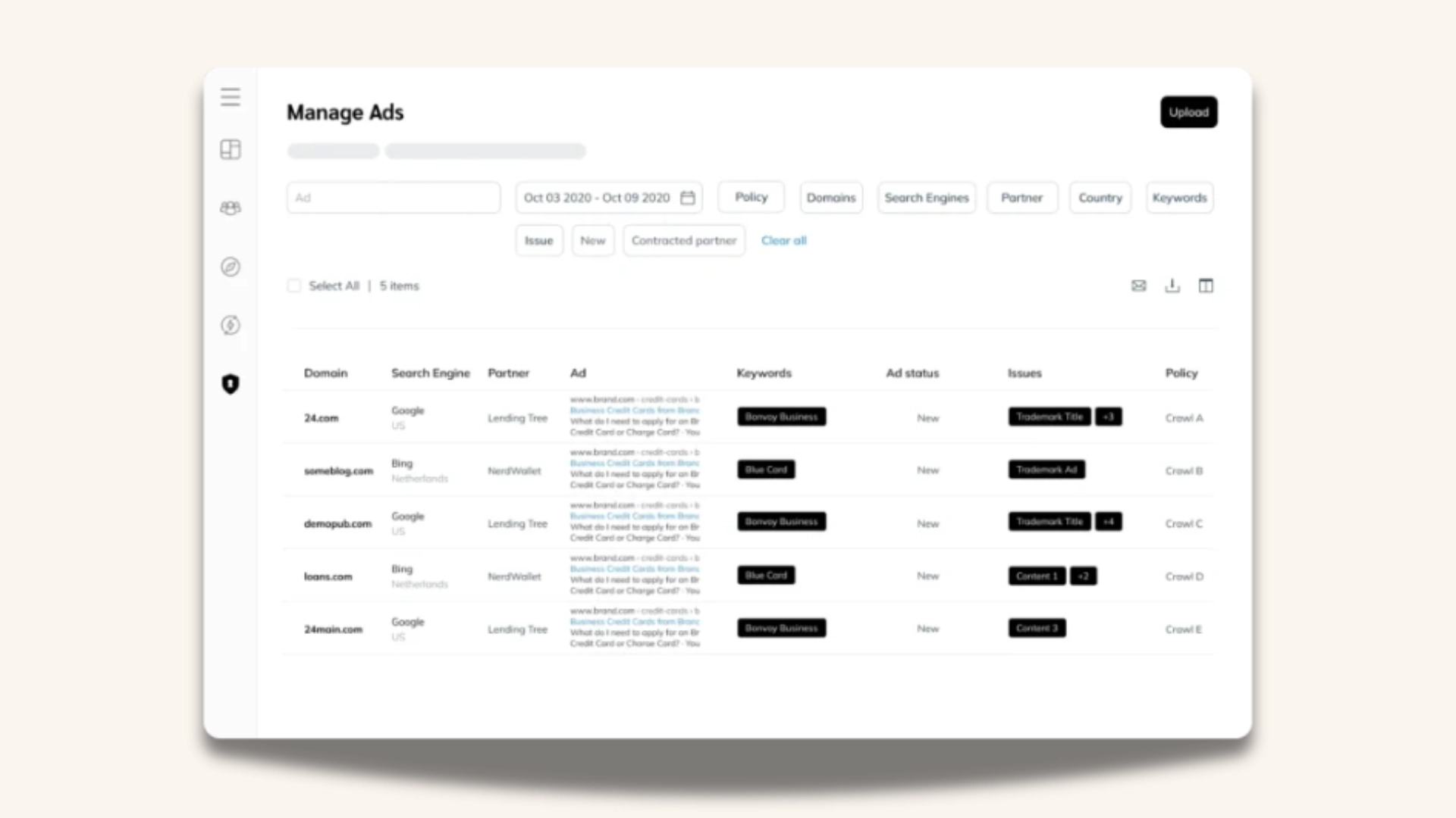Website dashboard displaying a list of items with titles, descriptions, and action buttons for user interaction.