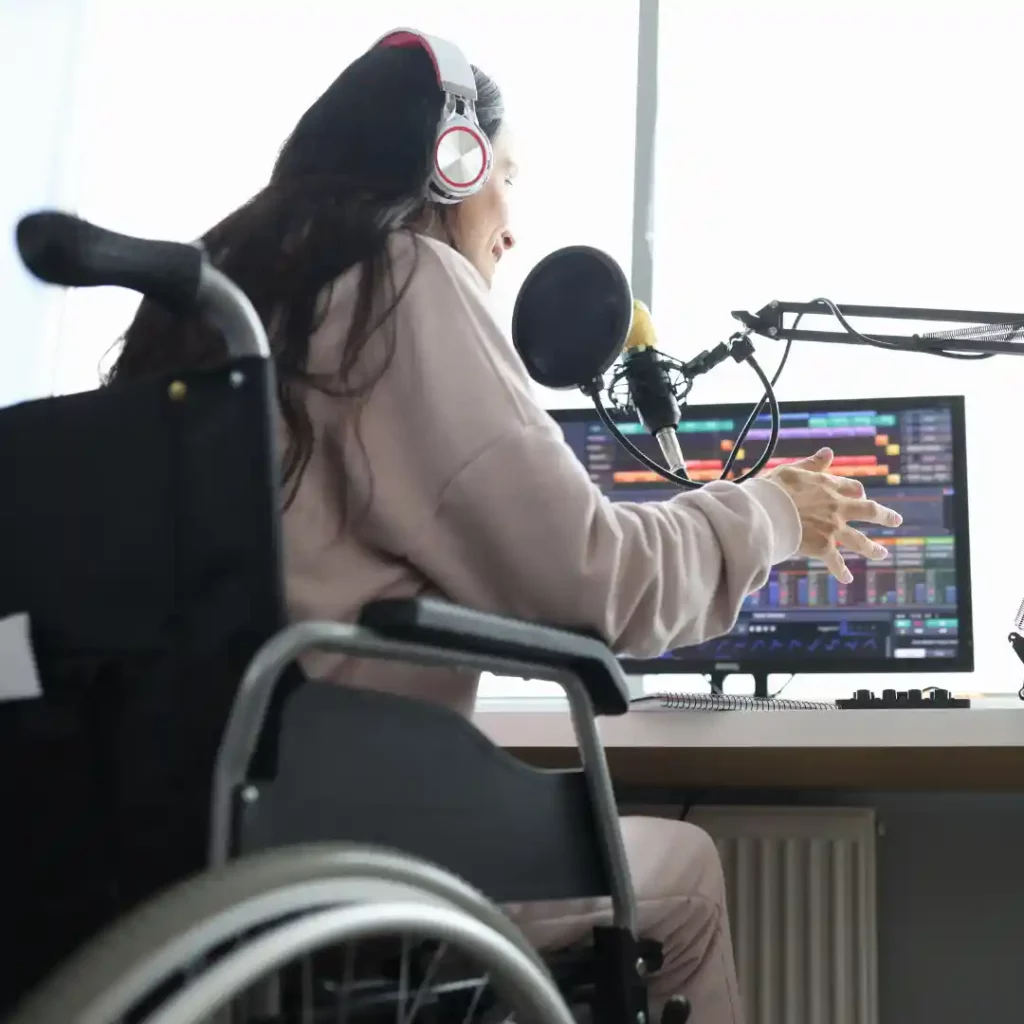 a podcaster in a wheelchair