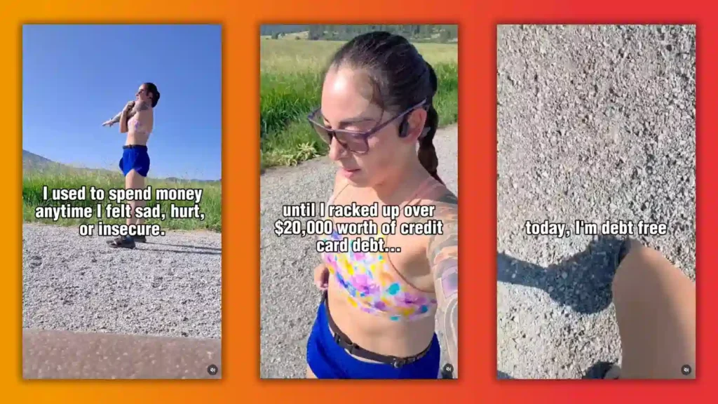 Three-panel image showing a person reflecting on overcoming financial struggles, sharing their journey from debt to being debt-free.