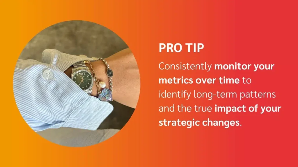 A close-up of a wrist wearing a green watch and bracelets, with a text tip on monitoring metrics for long-term strategic analysis.