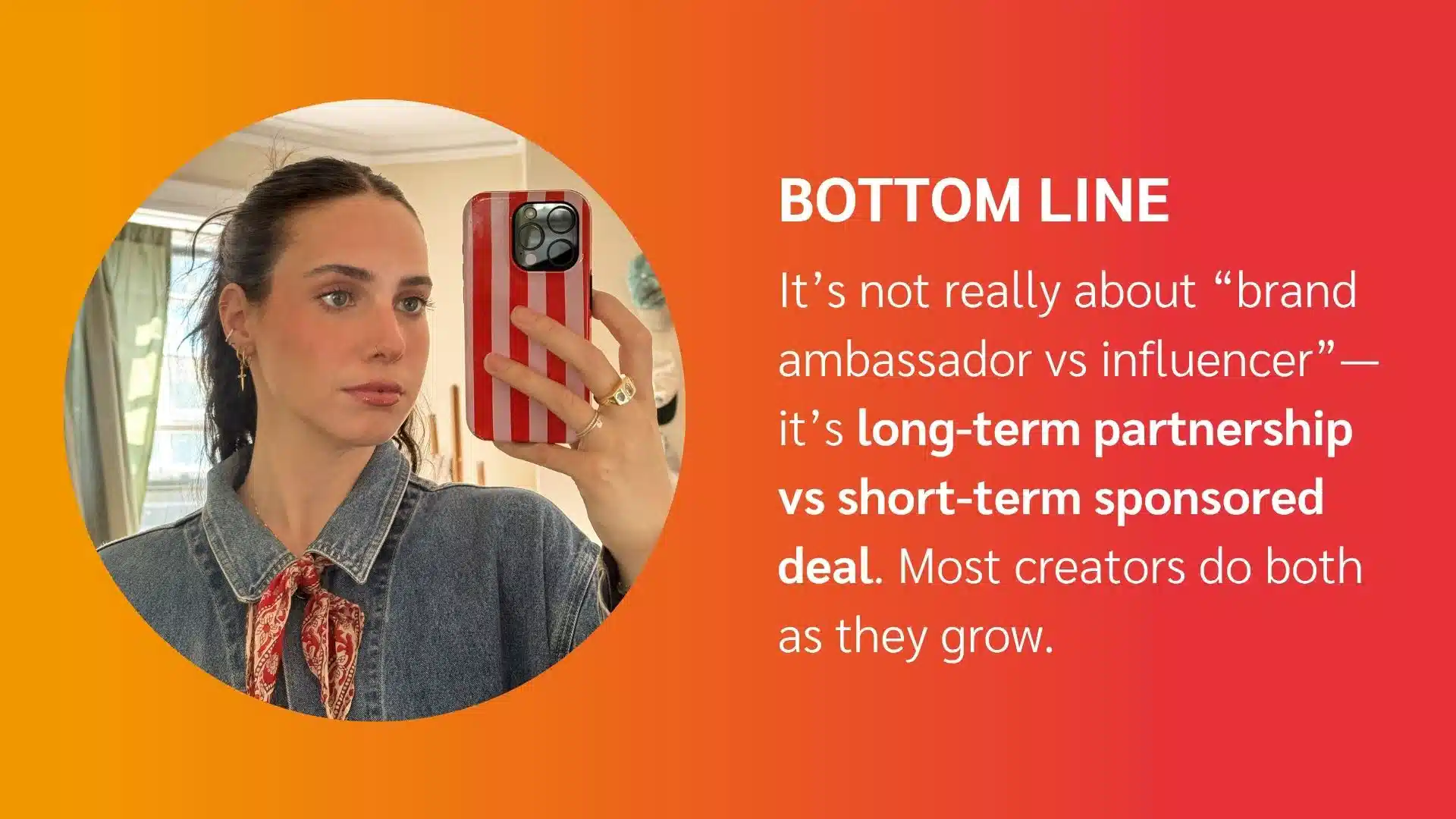 A person holds a phone while wearing a denim jacket and red scarf, reflecting on brand partnerships versus sponsorship deals.