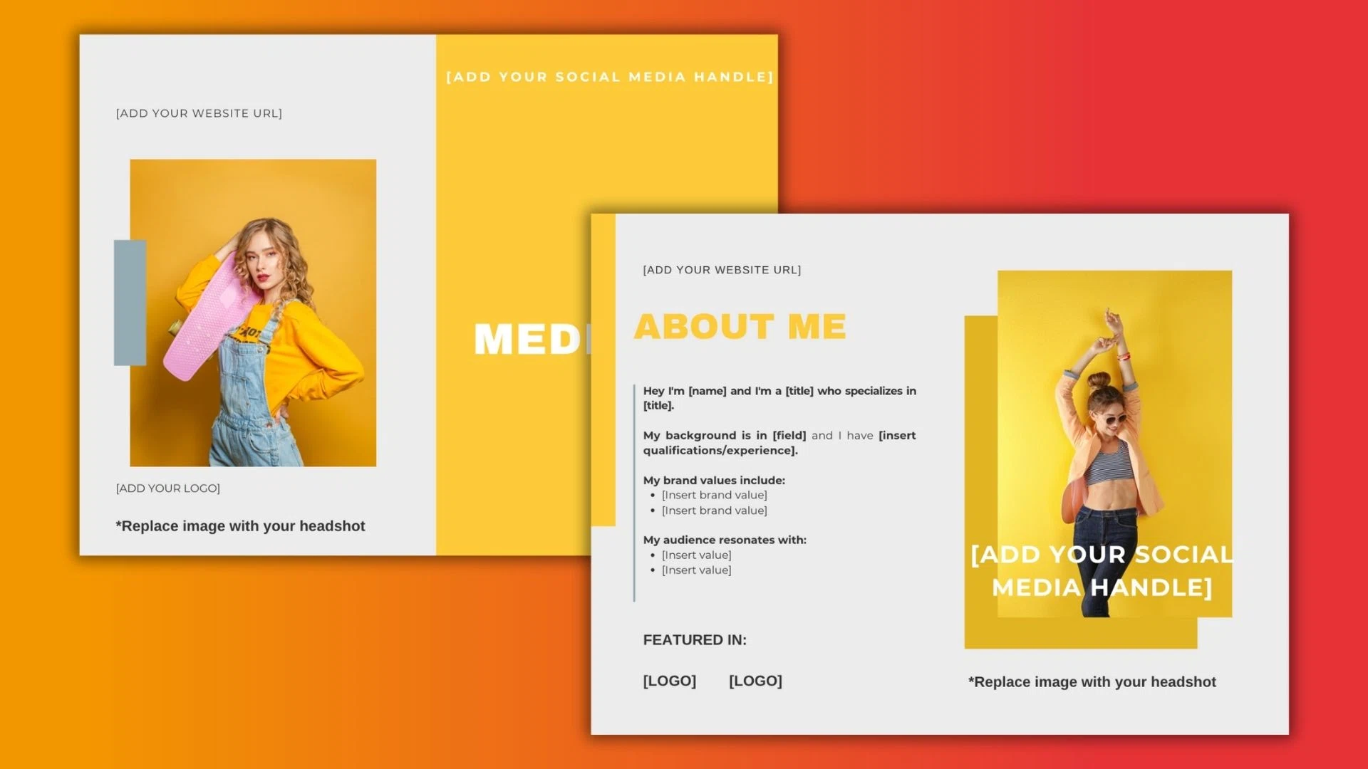 A colorful promotional template featuring images and sections for a website URL, social media handle, and an about me section.