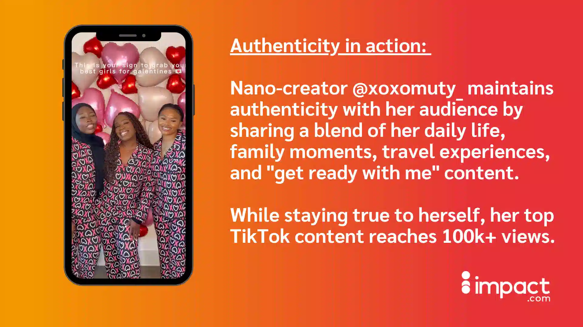 Smartphone displaying four friends in matching XOXO pajamas with heart-shaped balloons in the background, promoting a Galentine's theme.