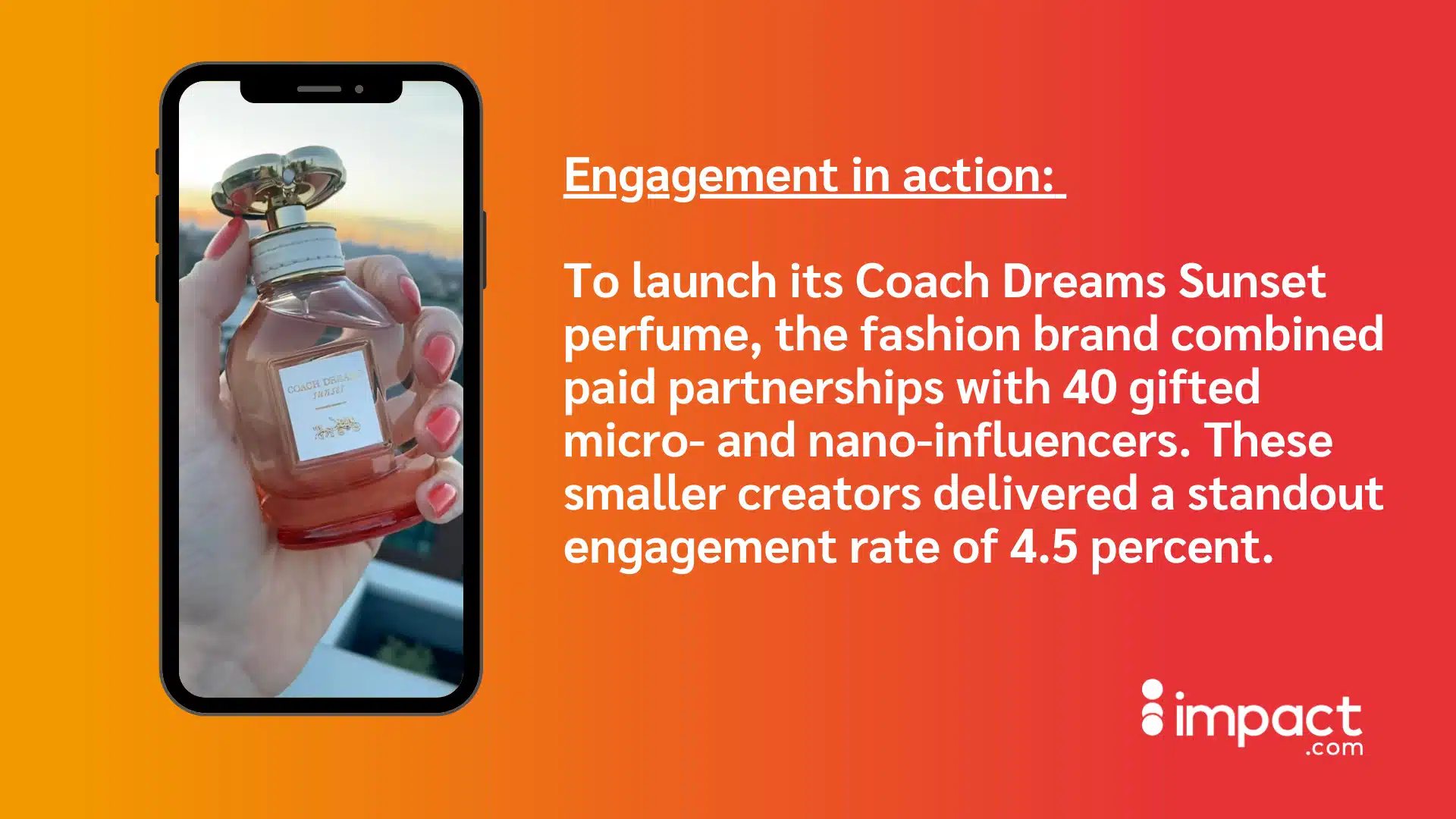 A hand holds a bottle of Coach Dreams Sunset perfume with a sunset background, showcasing the product in a mobile phone frame.