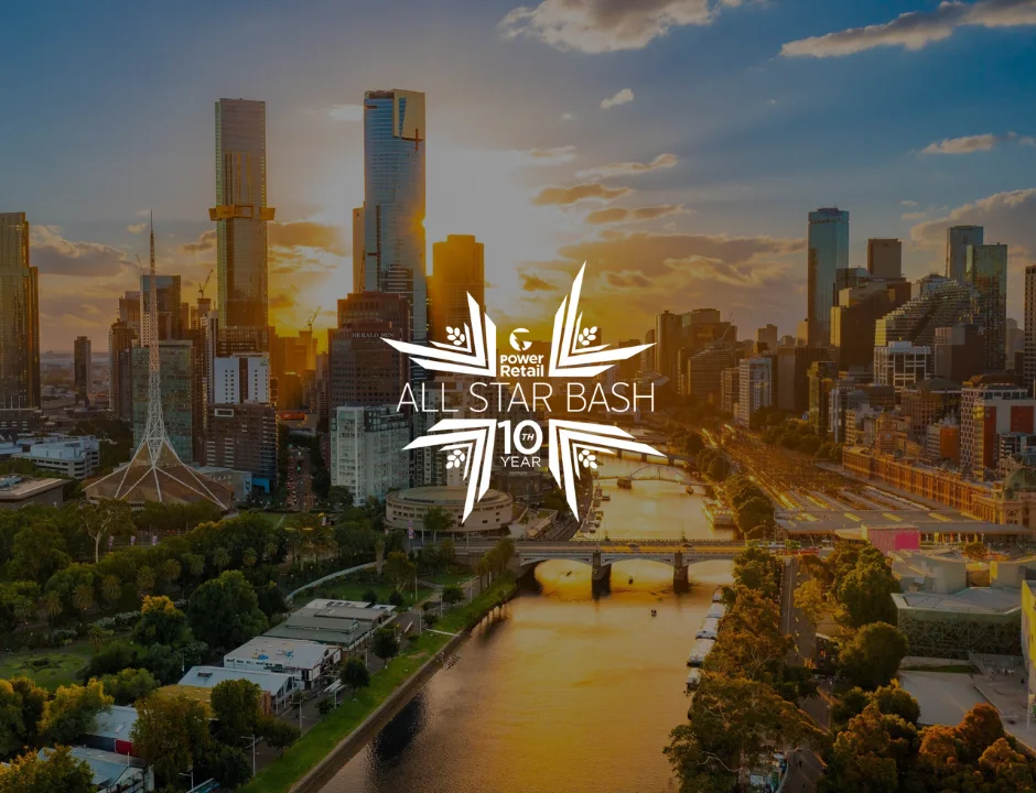 Melbourne cityscape featuring the skyline logo, showcasing the vibrant atmosphere of the All Star Bash event.