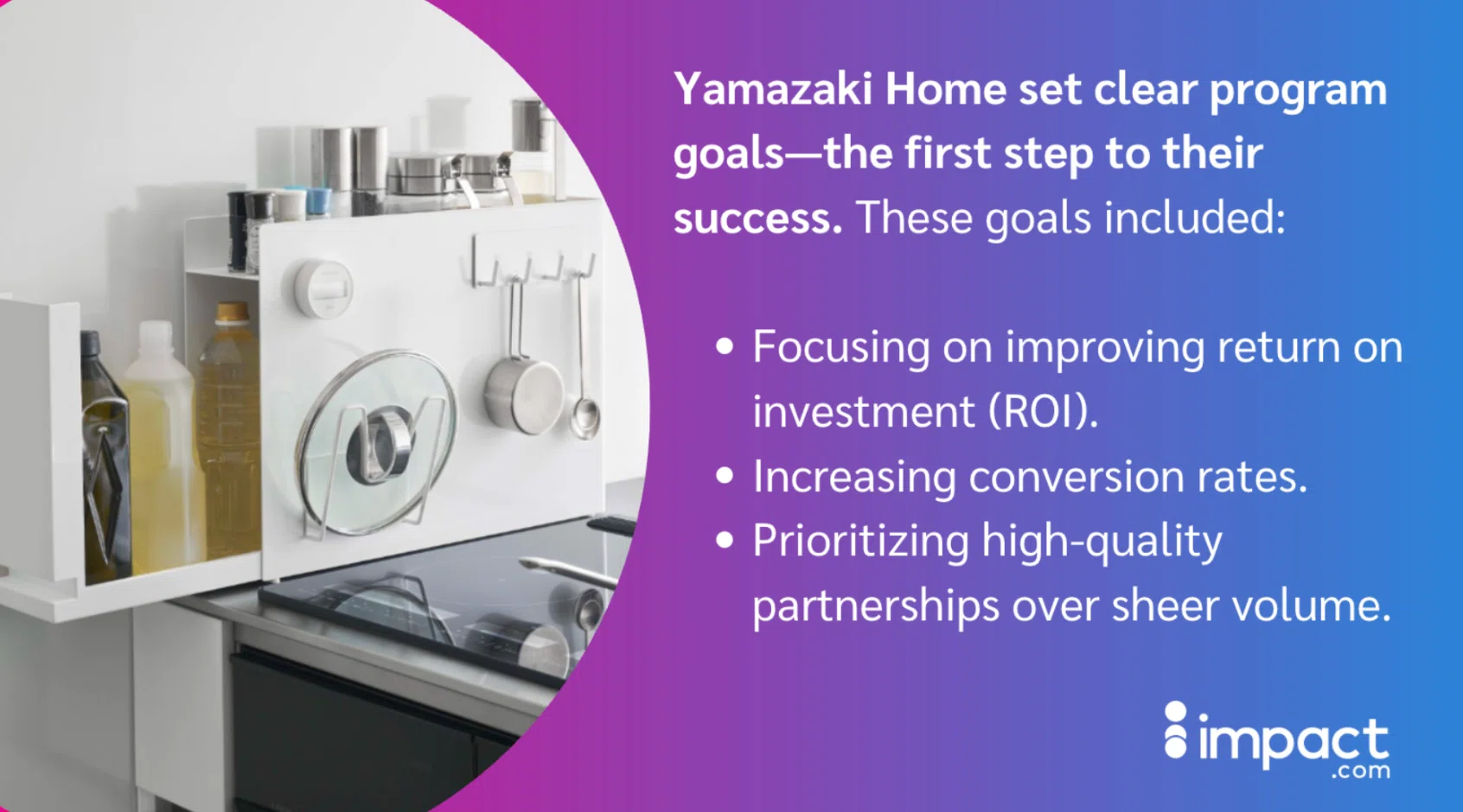 A modern kitchen with organized storage, showcasing glassware and cooking utensils, alongside goals for improving ROI and partnerships.