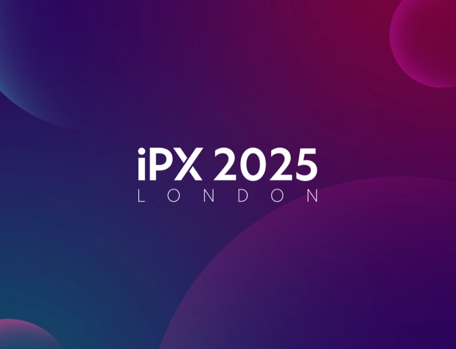 Graphic with text "iPX 2025 London" on a purple and blue gradient background.