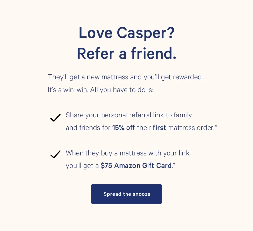 Graphic displaying "Love Casper? Refer a friend!" inviting viewers to participate in a referral initiative.