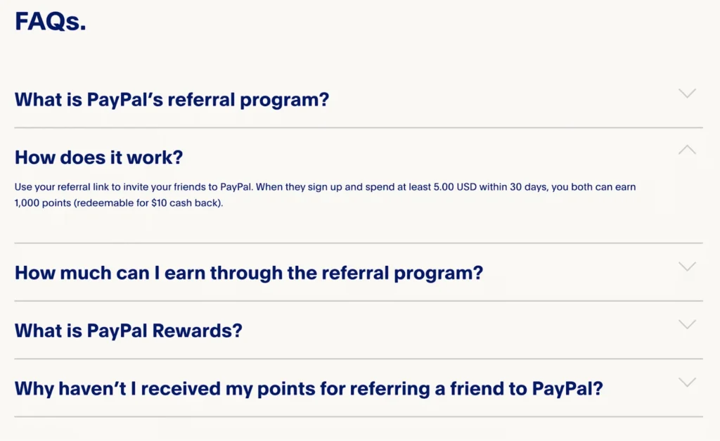 Screenshot of PayPal's referral program showcasing referral links and rewards for inviting new users.