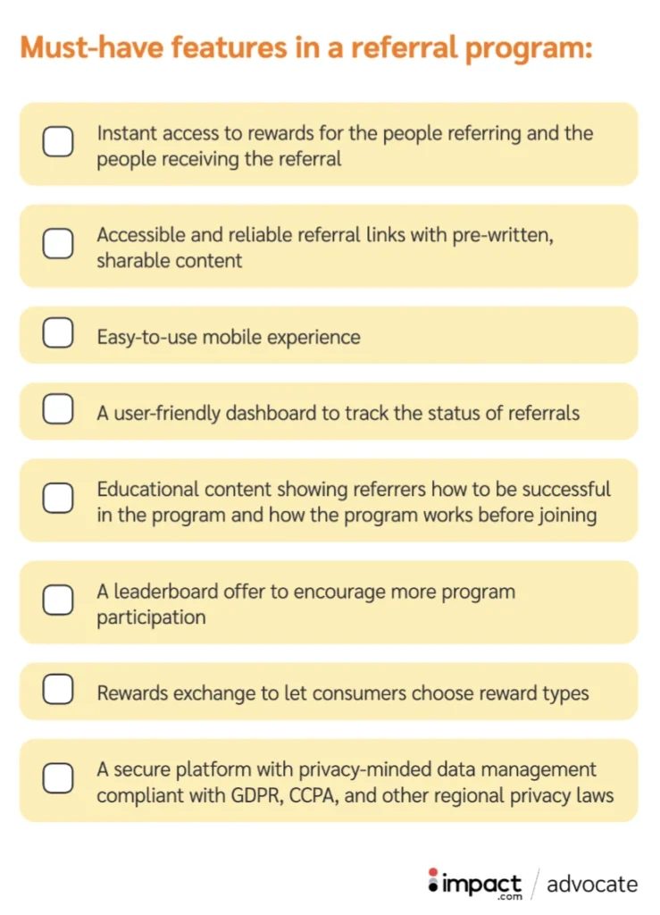 Visual representation of essential features in a referral program, highlighting key elements for effective customer engagement.