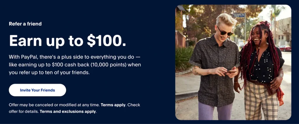 Screenshot of the PayPal website displaying the message "Earn up to $100" prominently on the page.