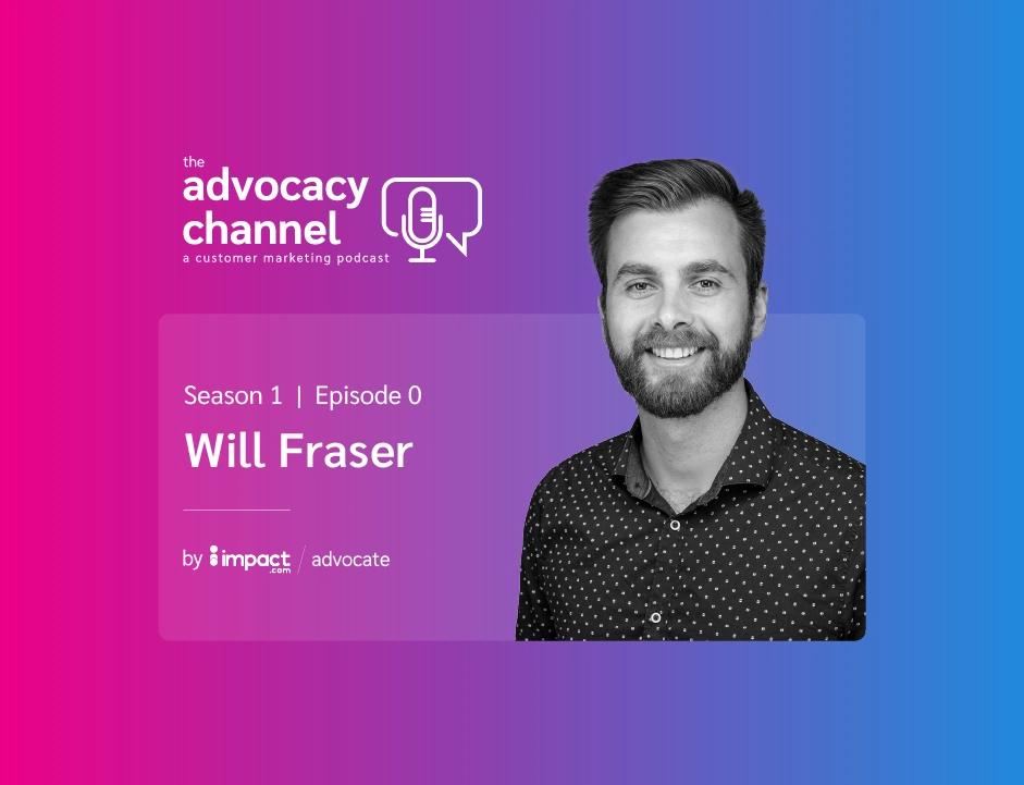 gradient backrgoud of pink, purple and blue with advocacy podcast logo and a photo of Will Fraser