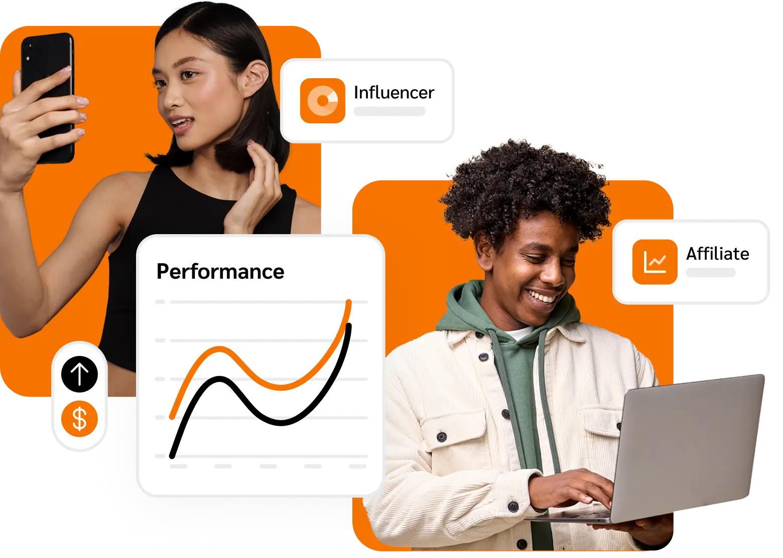 A graphic with the words "Influencer," "Performance," "Affiliate," and a dollar sign, likely related to influencer marketing or affiliate programs.