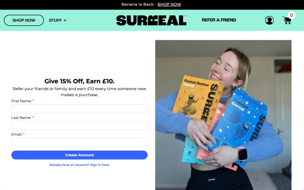 Example of Surreal's eCommerce Referral Program