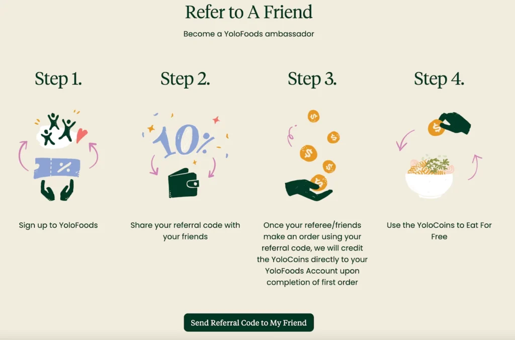 Screenshot of a referral to a friend website, showcasing user interface and referral options for sharing with friends.