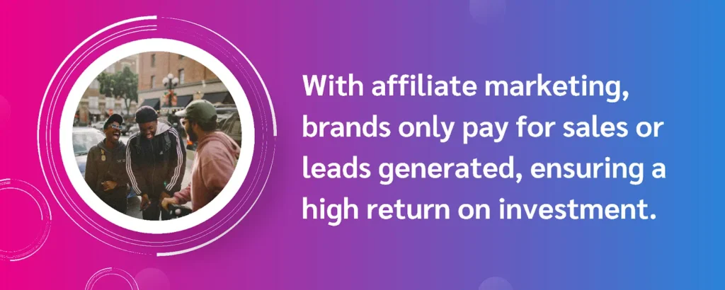 Graphic illustrating affiliate marketing strategies for brands, emphasizing sales-driven results and optimal return on investment.