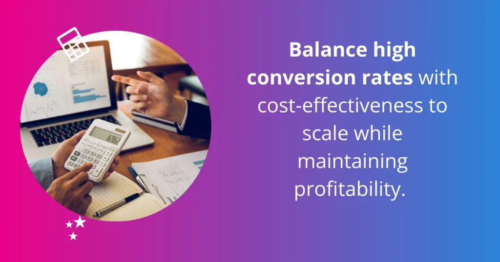 A visual representation of balancing high conversion rates and cost-effective scales to ensure profitability in business.