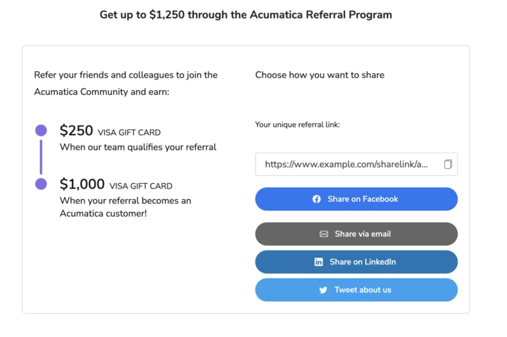 Acumatica referral program, offering $25 for successful referrals to new users.