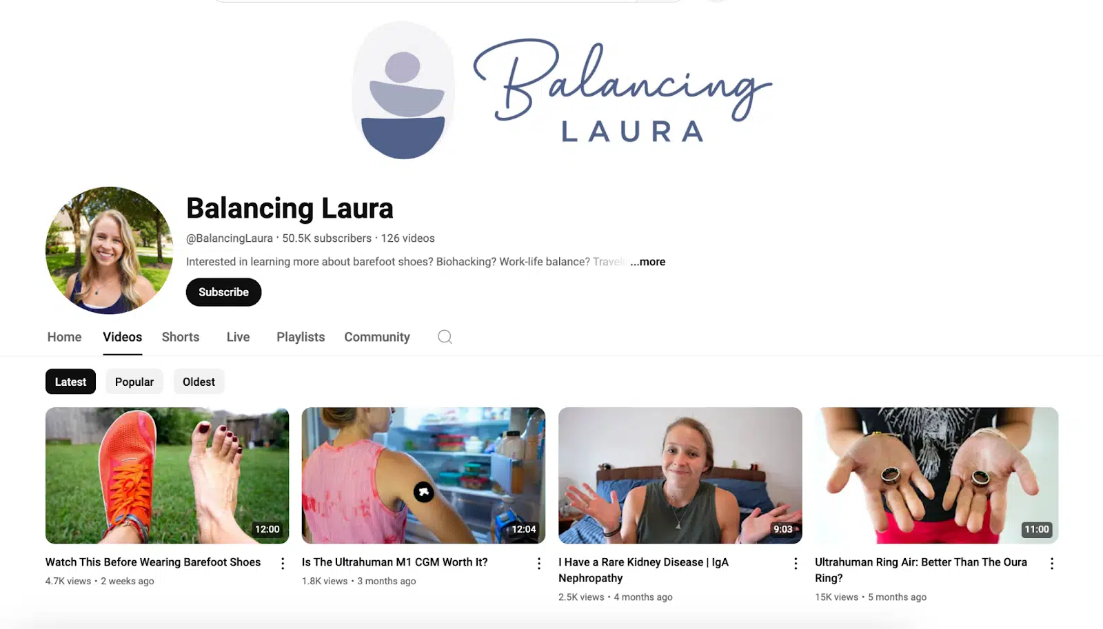 Image of Laura Roberts promoting her YouTube channel focused on balance and wellness, featuring engaging content and visuals.