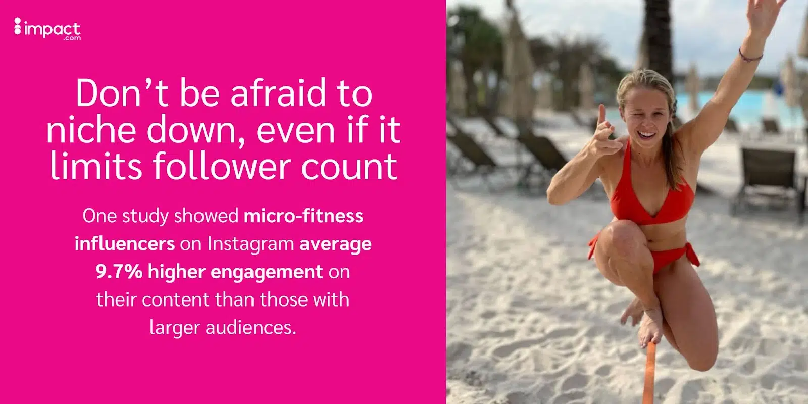 A woman in a red bikini stands on a beach, accompanied by the text "Don't be afraid to be rich."