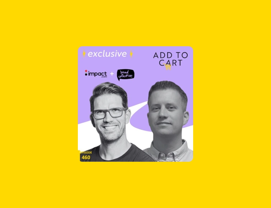 Two men wearing glasses stand against a yellow background featuring the phrase "add to cart."