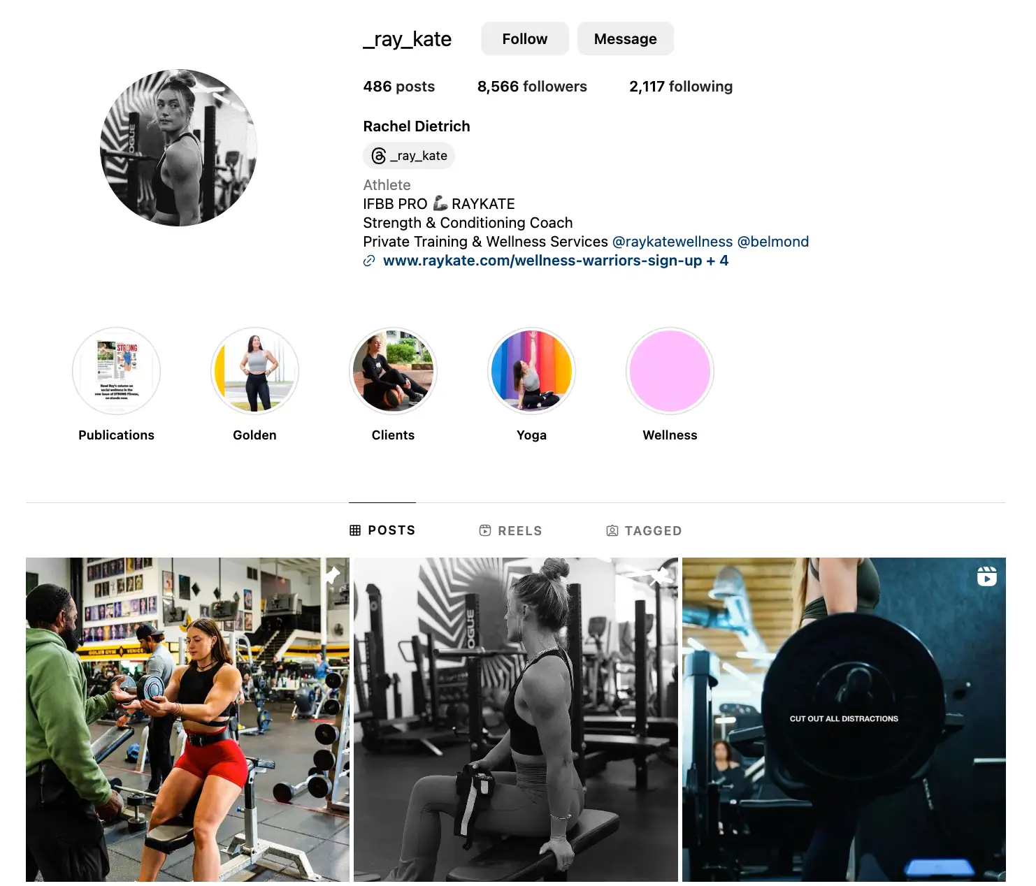 Instagram profile picture of Rachel Dietrich, a woman confidently posing in a gym setting, showcasing her fitness journey.