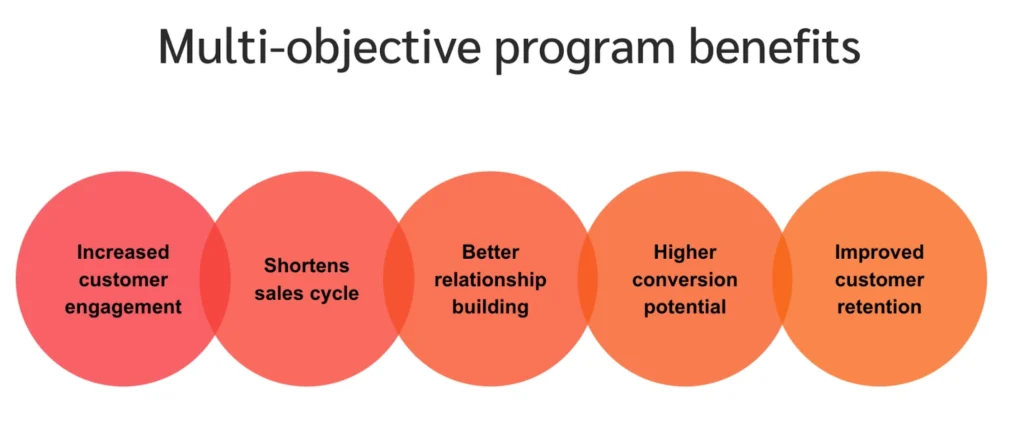 Diagram illustrating the advantages of a multi-objective program, highlighting efficiency, flexibility, and improved decision-making.