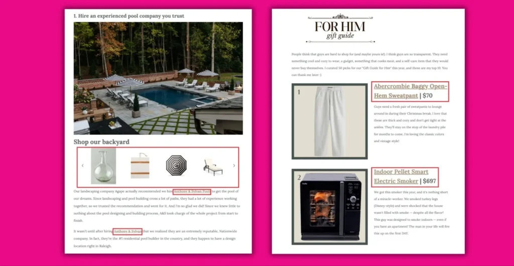 A magazine page featuring an inviting pool and a cozy fireplace, showcasing the lifestyle of Chris & Julia.