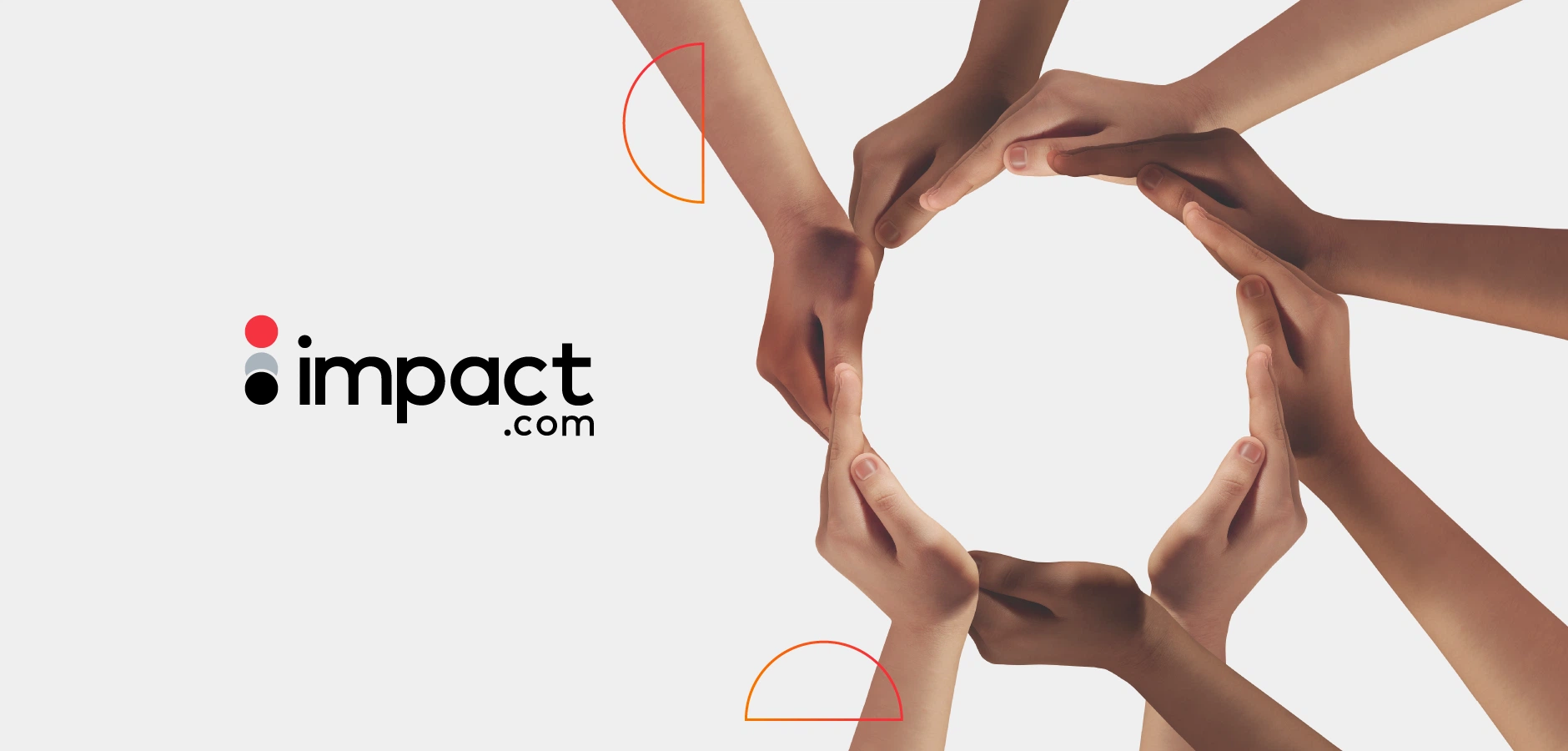 The impact.com logo accompanied by hands creating a circle, representing partnership and community in the marketing sector.