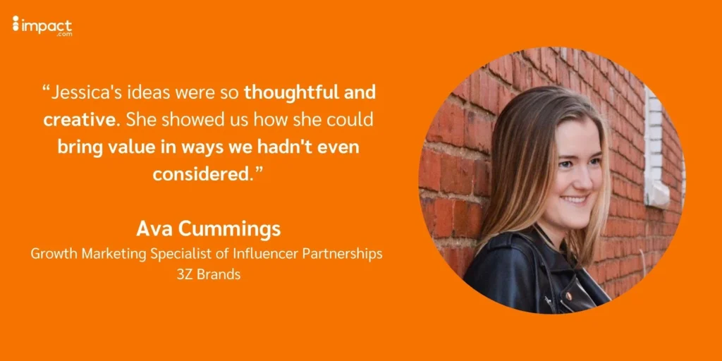 A graphic with a testimonial from Ava Cummings against an orange backdrop next to a brick wall.