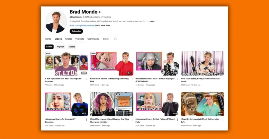 YouTube channel interface showcasing hair-related video thumbnails and titles.