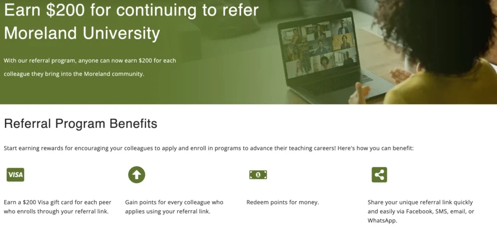 Advertisement for Moreland University's referral program with benefits listed and person using laptop.