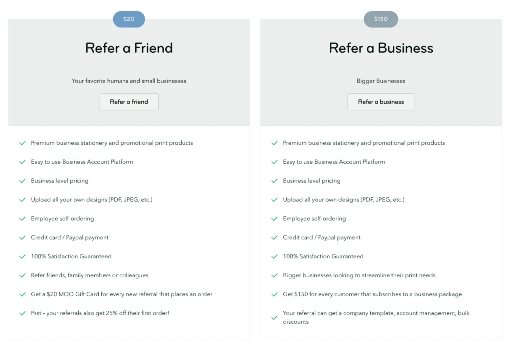 Digital flyer displaying two referral programs: "Refer a Friend" for $20 and "Refer a Business" for $150, with service benefits listed.