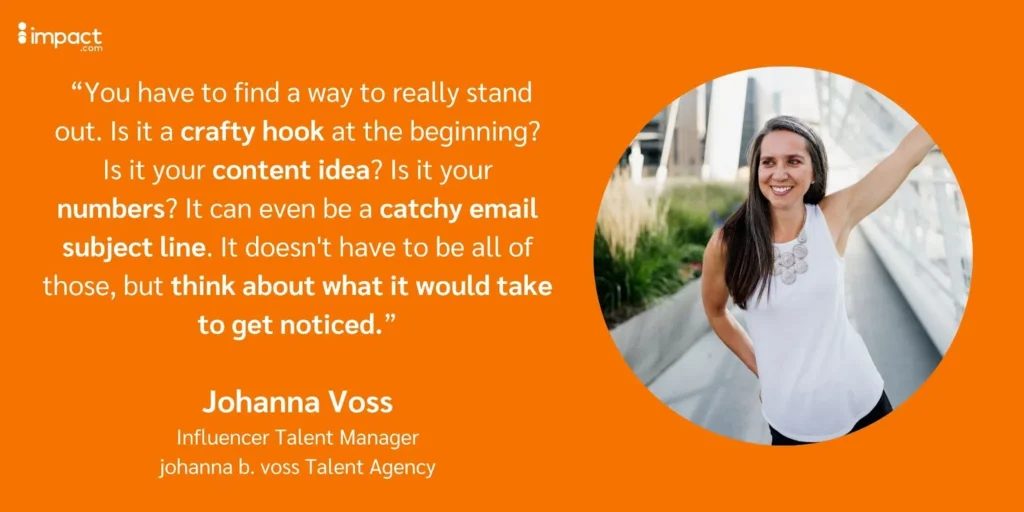 Marketing quote by Johanna Voss on orange background with partial view of a person in white.